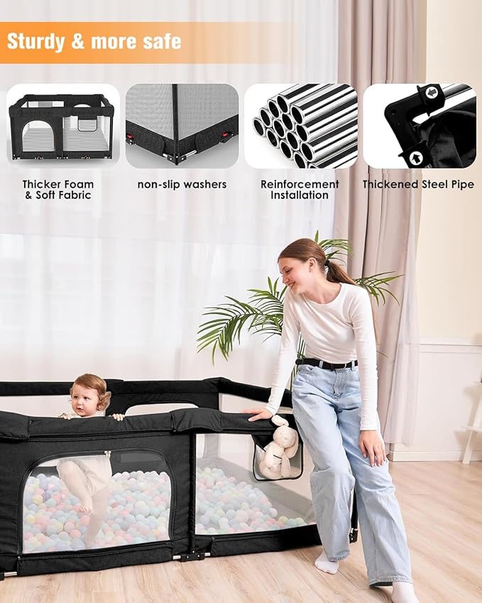 Foldable Baby Playpen with Gate, Extra Large Collapsible Play Yard for Babies & Toddlers, Portable Travel Playpen, Baby Activity Center for Indoor & Outdoor Use (Black 59"×71")