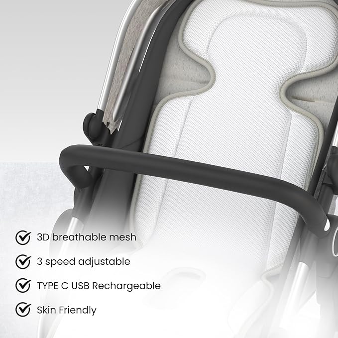 Bella's Friends Baby Stroller Cooling Pad with 2 Built-in Blower Up to 10H MAX 10000 mAh Rechargeable 3 Speed Adjustable Car Seat Liner Cooling Cushion for Toddler Outdoors Summer Baby Essentials