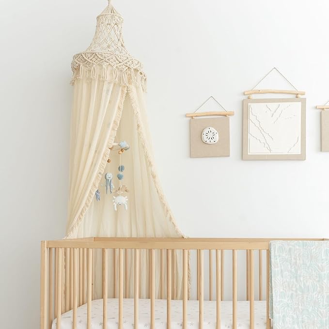 Crane Macrame Baby Crib Canopy, 118" Tall, Boho Nursery Decor, Play Room Canopy for Girls & Boys