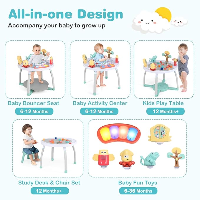BABY JOY 5 in 1 Baby Activity Center, Baby Jumpers and Bouncers with Removable Toys, Lights & Music, 3 Adjustable Heights, Interactive Play Center for Toddlers Boys Girls 6-36 Months (White)