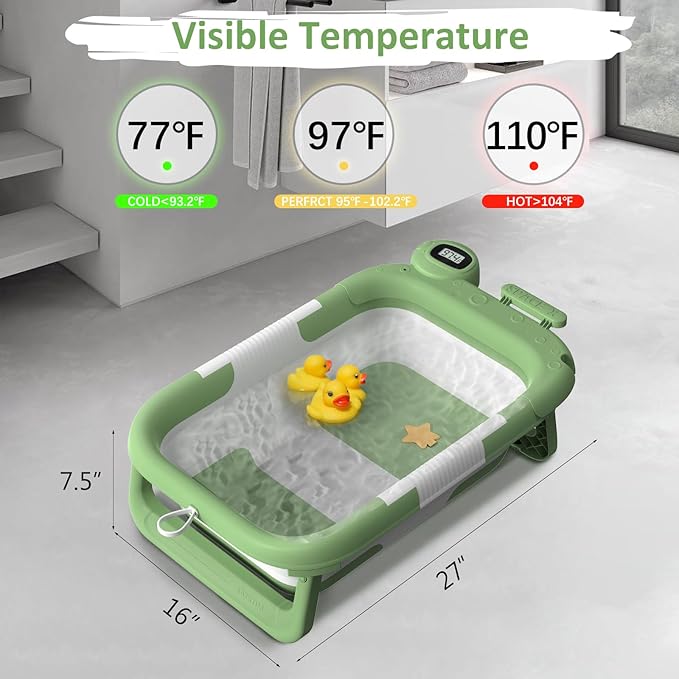 Collapsible Baby Bathtub, Baby Bath Tub for Newborn to Toddler with Floating Cushion for Bath Support, Portable Baby Tub for Infants with Temp Monitor, 0-36 Months Baby Bath Essentials, Green