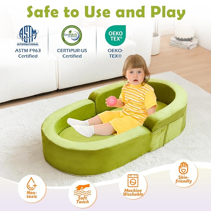 Toddler Travel Bed-Portable Toddler Bed, Foldable 2-in-1 Travel Toddler Bed Kids Sofa, Soft Foam Toddler Cot with Washable Cover, Convertible Sofa Bed for Toddler and Kids for Indoor&Outdoor Use