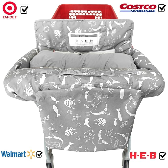 Soft Pillow Attached 2-in-1 Shopping Cart and High Chair Cover for Baby, Cotton Padded Cart Cover, Fold'n Roll Style, Portable with Carry Bag (Gray Seaworld)