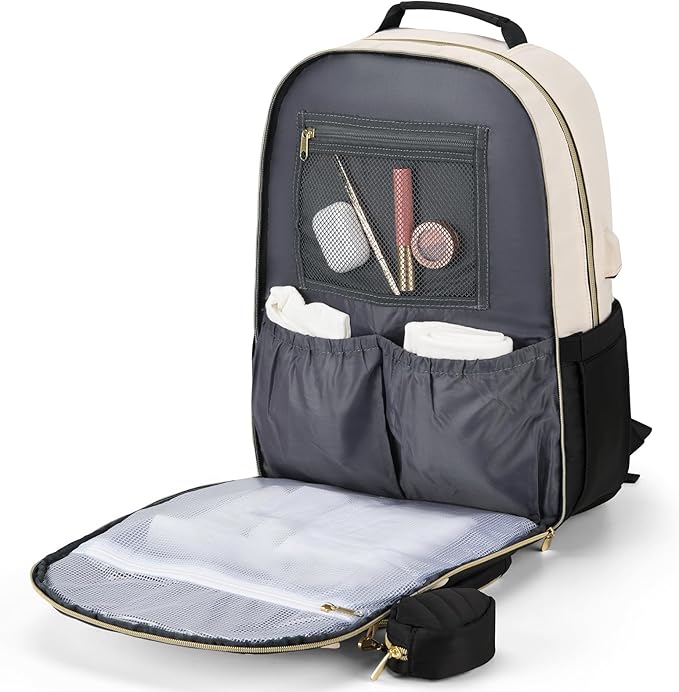 MOMUVO Diaper Bag Backpack, Quilted Baby Bag with Changing Pad & Stroller Straps & Pacifier Case, Multifunction Waterproof Travel Diaper Bags, Unisex, Black Beige