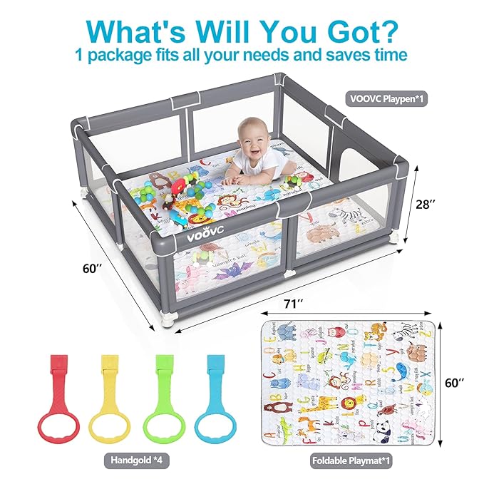 Premium Baby Playpen with Mat, 71x60 Inches Extra Large Play Pen for Babies and Toddlers, Indoor & Outdoor Activity Center, Safety Baby Playpen with Gate Prints (Enamel Gray)