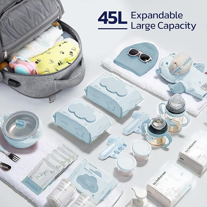 Maelstrom Diaper Bag Backpack,29L-45L Expandable Large Baby Bag for 2 Kids/Twins, with Removable Cross Body Bottle Bag for Mom/Dad,Stylish Nappy Bag Gift for Boys/Girl-Mothers Day Gifts-Elegant Grey