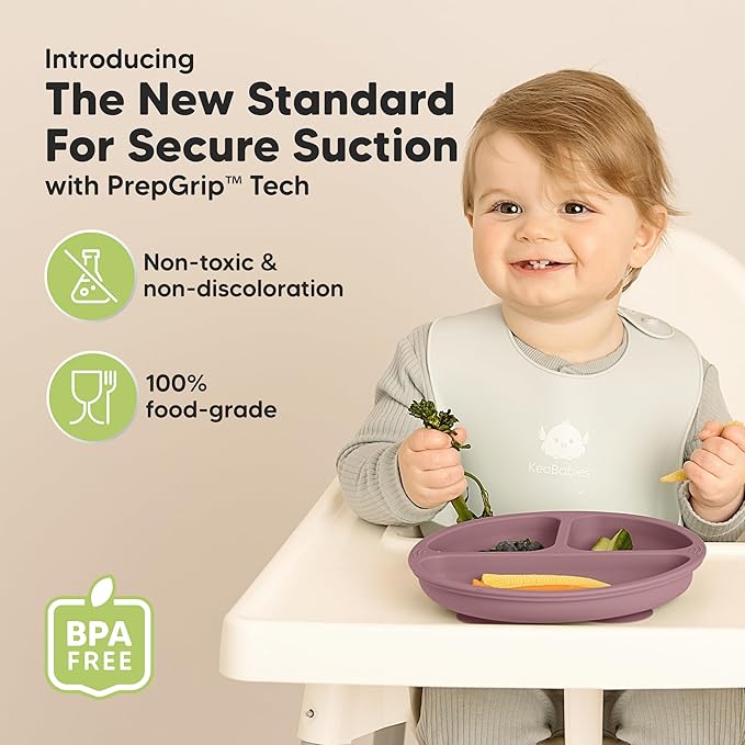 KeaBabies Suction Plates for Baby, Toddler - 3-Pack 100% Silicone Toddler Plates with Suction, Divided, BPA-Free Baby Led Weaning Essentials for Kids, Dishwasher, Microwave Safe, Durable (Quantum)