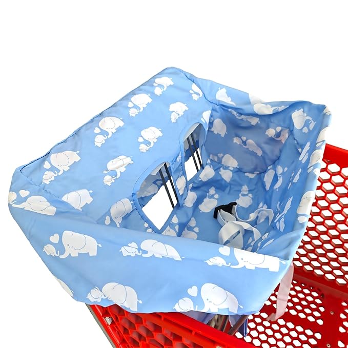 Portable Shopping Cart Cover | High Chair and Grocery Cart Covers for Babies, Kids, Infants & Toddlers ✮ Includes Free Carry Bag ✮ (Simple Blue Elephant)