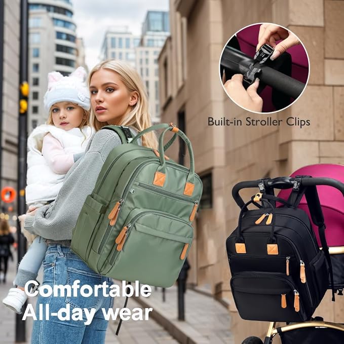 18 Pockets Diaper Bag Backpack with Waterproof Pockets and Stroller Buckle, Convertible Tote Bag (XL Green, Extra Large)