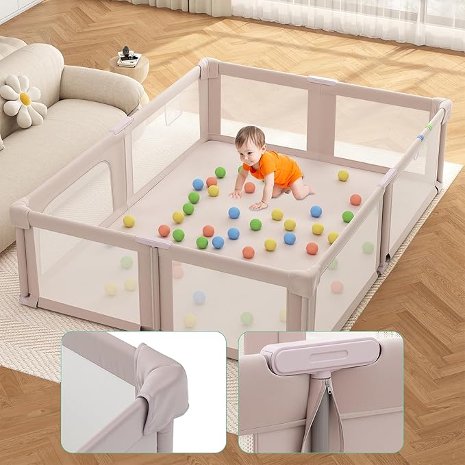 Foldable Playpen with Mat for Babies and Toddlers, 73" x 61" Baby Play Pen for Indoor & Outdoor, Playard with Soft Breathable Mesh, Pull-Link and Ocean Balls, Pink