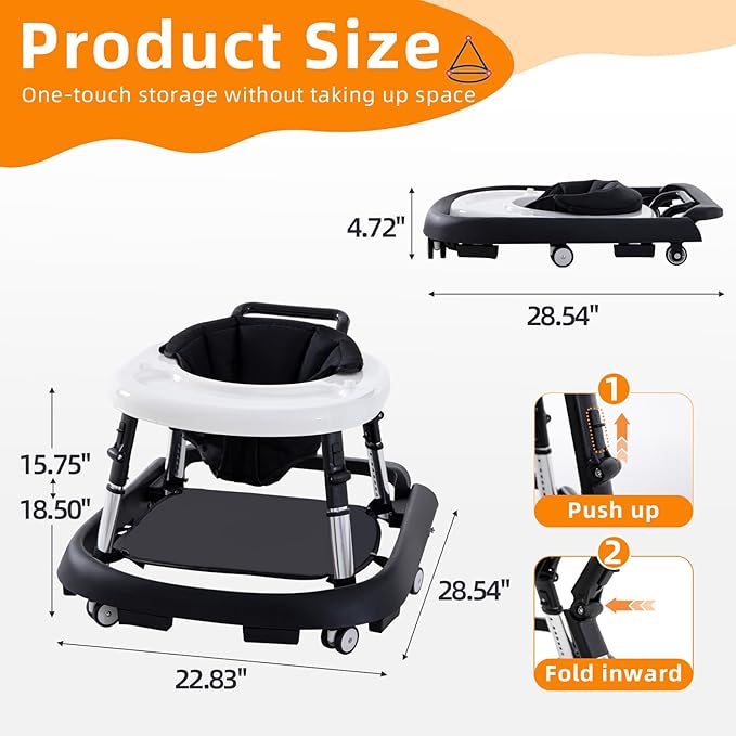 Baby Walker Foldable with Music and Lights,Portable Baby Walker with Wheels,9 Adjustable Heights,Removable Tray&Footrest, Speed Adjustable,Infant Toddler Walker for Baby Boy Girls 6-18 Months (Black)