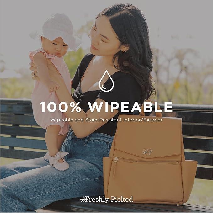 Freshly Picked Mini Classic Diaper Bag Backpack, Wipeable Vegan Leather Diaper Backpack, 8 Pockets (Butterscotch Tan)