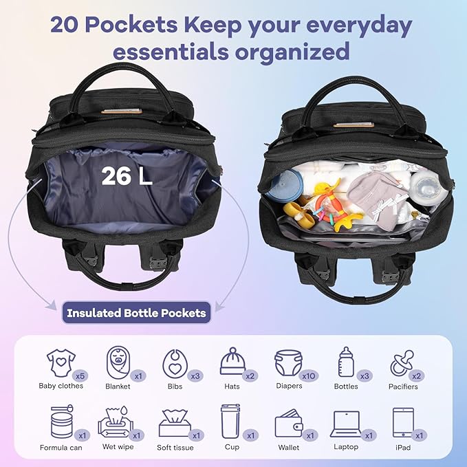 RUVALINO Diaper Bag Backpack, Multifunction Travel Pack Maternity Baby Changing Bags, Large Capacity, Waterproof, Black