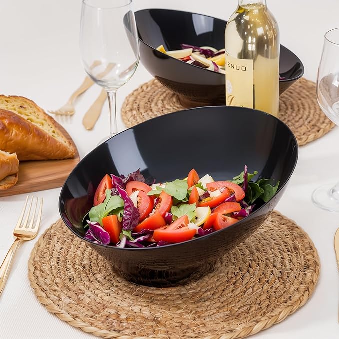 bUCLA 12 Pack Black Plastic Serving Bowls - 54 OZ Angled Bowls Disposable for Chip&Candy - Party Table Salad and Fruit for Party, Wedding & Halloween