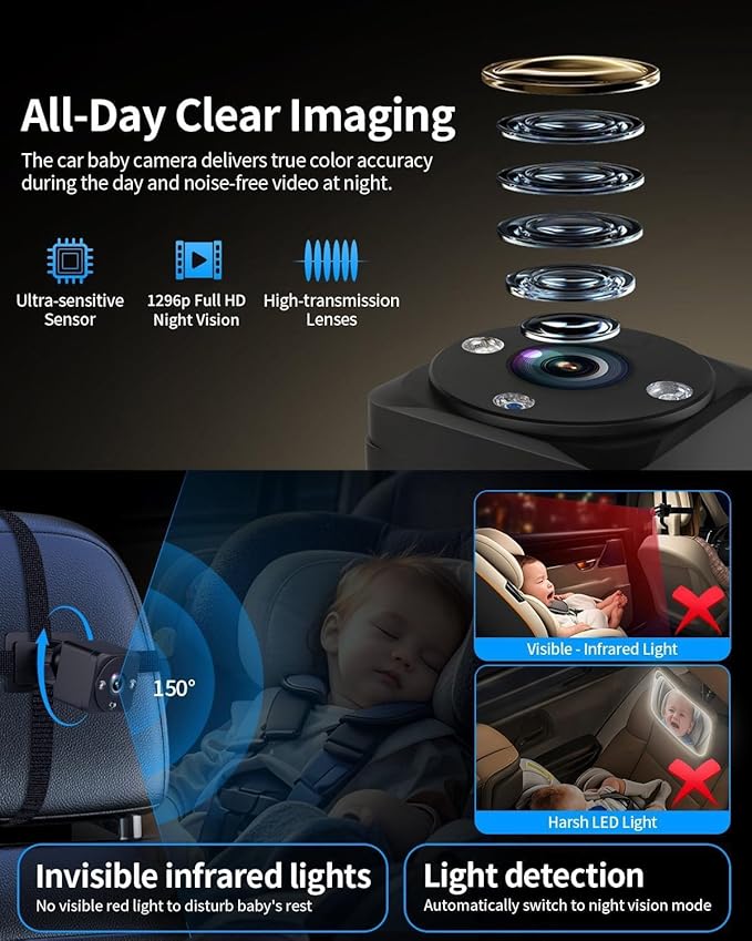 1296p Full HD Baby Car Camera, Car Baby Monitor with 7" Touchscreen, CarPlay, No-Glow Night Vision, 150° Wide Angle, Live Rear Seat View, Easy Installation, Fits Most Cars