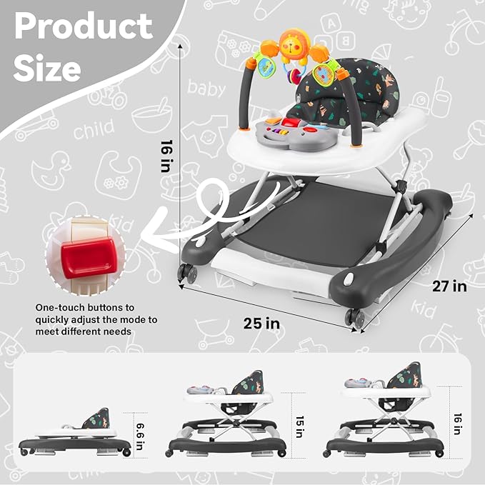 Baby Walker, 5 in 1 Baby Walkers for Boys Girls 6-12 Months, Foldable Walkers for Babies with Bouncer & Feeding Tray, Music, Adjustable Heights, Activity Walker for Infant