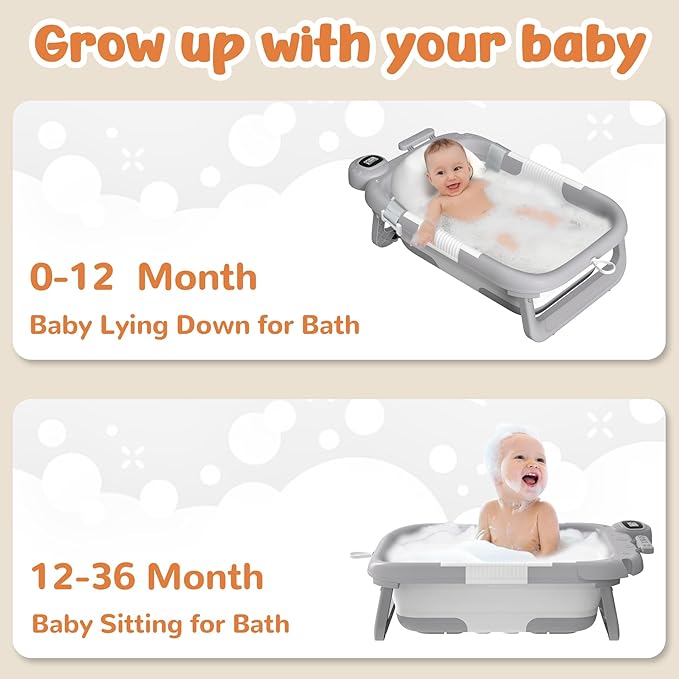 Collapsible Baby Bathtub for Newborn,Baby Tub with Soft Floating Cushion & Thermometer for Infant to Toddler,Portable Travel Bathtub with No-Slip Feet for 0-36 Months-Gray
