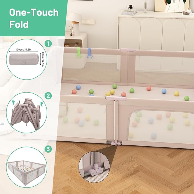 Foldable Playpen with Mat for Babies and Toddlers, 73" x 61" Baby Play Pen for Indoor & Outdoor, Playard with Soft Breathable Mesh, Pull-Link and Ocean Balls, Pink