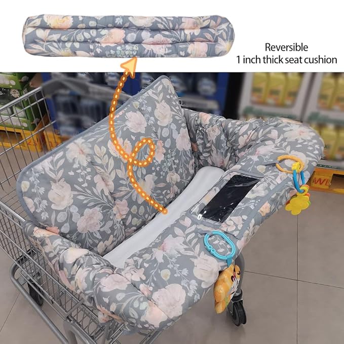 ICOPUCA Shopping Cart Cover for Baby, 2 in 1 cart Cover for Babies N high Chair Cover, Padded Grocery cart seat Cover for Baby Girl boy, with 1” Thick/Removable/Reversible Cushion, Flowers;