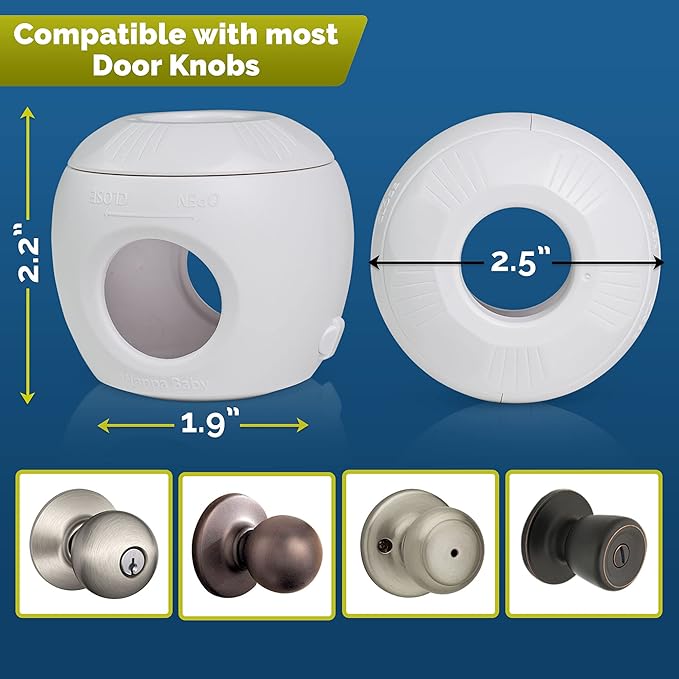 Child Safety Door Knob Cover (4 Pack) Hard-to-Remove Dual-Lock Door Handle Covers for Kids - Reusable Baby Proof Door Knob Locks - Installs Easily, No Tools Needed (White)