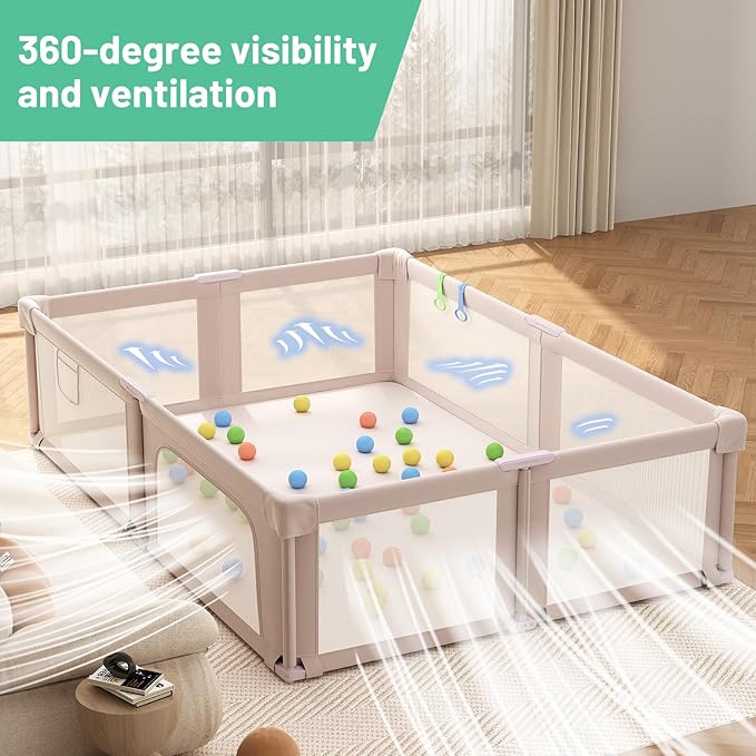 Foldable Playpen with Mat for Babies and Toddlers, 73" x 61" Baby Play Pen for Indoor & Outdoor, Playard with Soft Breathable Mesh, Pull-Link and Ocean Balls, Pink