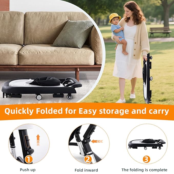 Baby Walker Foldable with Music and Lights,Portable Baby Walker with Wheels,9 Adjustable Heights,Removable Tray&Footrest, Speed Adjustable,Infant Toddler Walker for Baby Boy Girls 6-18 Months (Black)