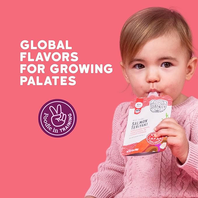 Serenity Kids 6+ Months Salmon Teriyaki Organic Baby Food Pouches - Ethically Sourced Salmon & Organic Veggies - No Added Sugar BPA-Free Baby Puree - 3.5 Oz, 12 Pack