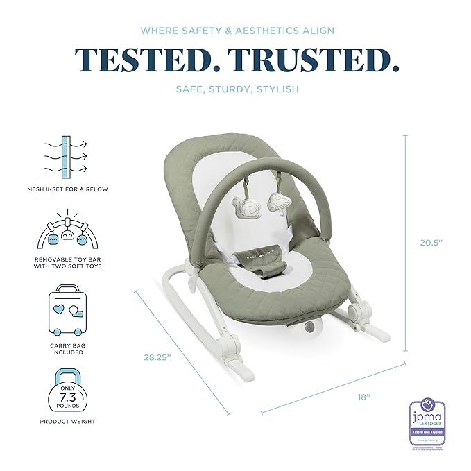 Baby Delight Aura | Deluxe Portable Rocker & Seat for Infants | Soothing Vibration & Sounds | Baby Rocker | Quilted Organic Sage