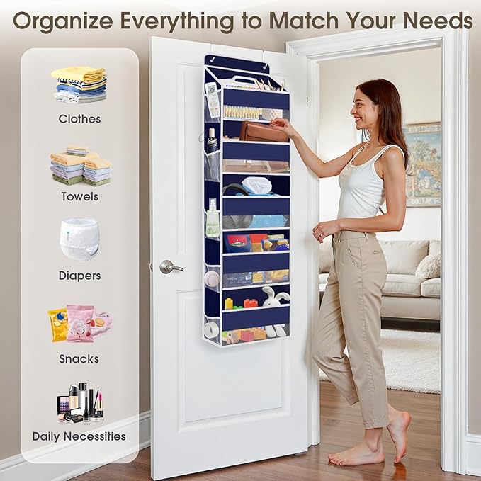1 Pack Over The Door Organizer, Hanging Storage Organizer with Clear Window, 40lb Ultra Sturdy Large Capacity Room Organizer for Pantry Laundry Bathroom Nursery Closet (Blue)