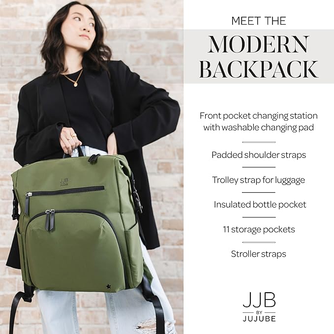JJB by JuJuBe Modern Diaper Bag Backpack with Portable Changing Pad, Stroller Straps, Large Travel Backpack for Boy or Girl, Carrying Baby Bottles, Wipes, Diapers, Pacifiers, Olive, Mother's Day Gift