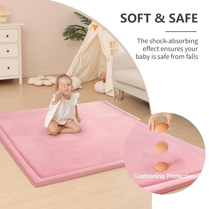 Baby Play Mat for Floor,1.3" Thick Elasti-Foam 50x50 Playpen Mat for Toddlers Infant Kids,Water-Repellent Soft Coral Velvet Tummy Time Mat,Non Slip Crawling Mat,Tatami Mat(Pink)