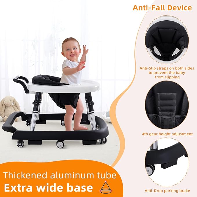 Baby Walker Foldable with Music and Lights,Portable Baby Walker with Wheels,9 Adjustable Heights,Removable Tray&Footrest, Speed Adjustable,Infant Toddler Walker for Baby Boy Girls 6-18 Months (Black)