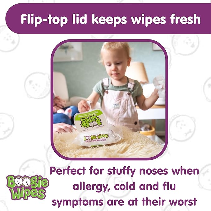 Boogie Wipes, Saline Wipes for Baby & Kids, Nose Booger Wipes for Allergy Relief, Face, Hand & Body, Made with Vitamin E, Aloe and Natural Saline, Unscented, 30 Count (Pack of 3)
