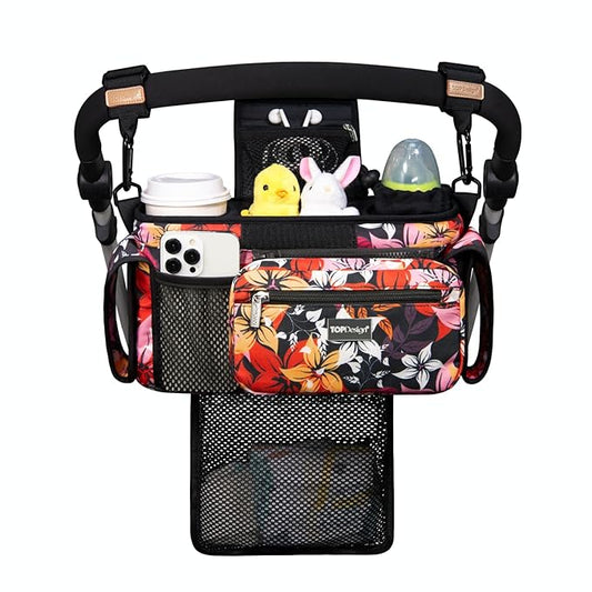 TOPDesign Universal Baby Stroller Organizer, Stroller Caddy with Detachable Mesh Bag & Heightened Insulated Cup Holders & Non-Slip Secure Hooks Accessories, Fits Most Strollers (Five Petal Flower)