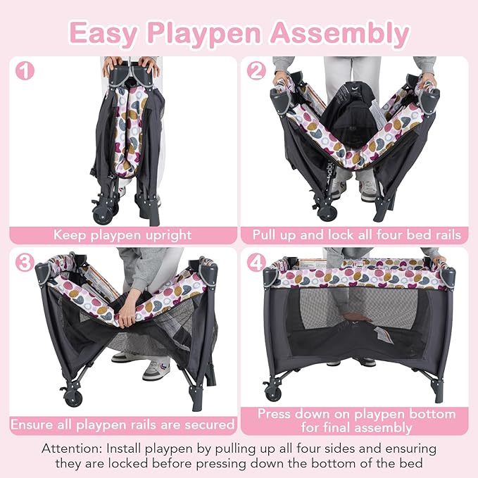 HONEY JOY Pack and Play with Bassinet, Infant Nursery Center Pack and Play w/Newborn Cradle & Hanging Toys, Diaper Storage Bag, Music, Carry Bag, Portable Baby Playard w/Changing Station (Pink)