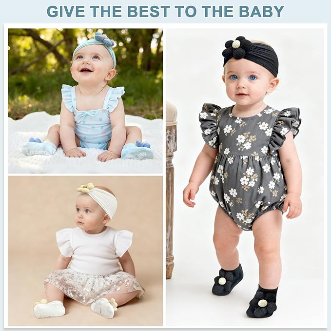 CÉLLOT Baby Girl Headband and Socks, Non-Slip Floral Socks and Soft Floral Nylon Hairbands for Babies Infants and Toddlers(White,Blue,Black)