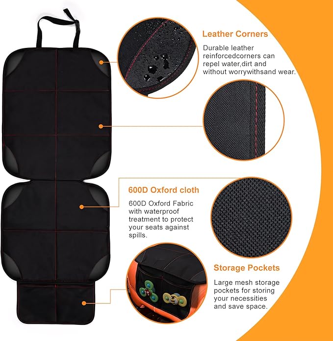 SMART ELF Car Seat Protector for Child Car Seat, 1Pack Car Baby Seat Protector with red line Design, Car Seat Mat with Non-Slip Bottom and 2 mesh Storage Pockets, Suit for Sedan, SUV, Trucks (Black)