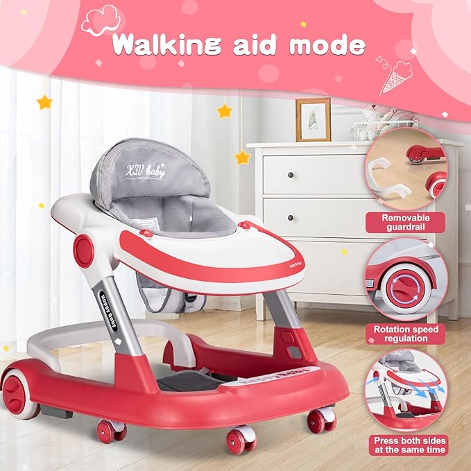 Baby Walker with Wheels 5 in 1 Foldable Activity Center with Mute Wheels Adjustable Heights Anti-Fall Push Walkers for Boys Girls Safe Infant Toddler Walker with Footrest for 6-24 Months