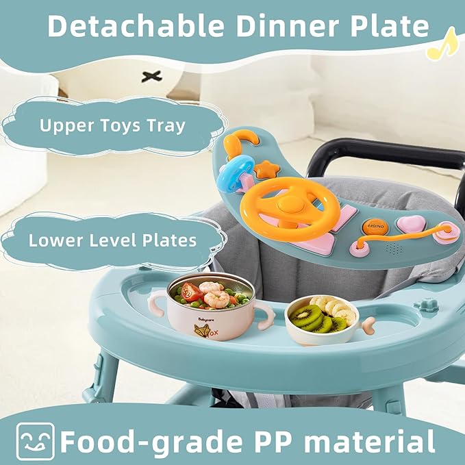 Baby Walker Foldable with Music and Lights,Portable Baby Walker with Wheels,9 Adjustable Heights,Removable Tray&Footrest, Speed Adjustable,Infant Toddler Walker for Baby Boy Girls 6-18 Months(Green)
