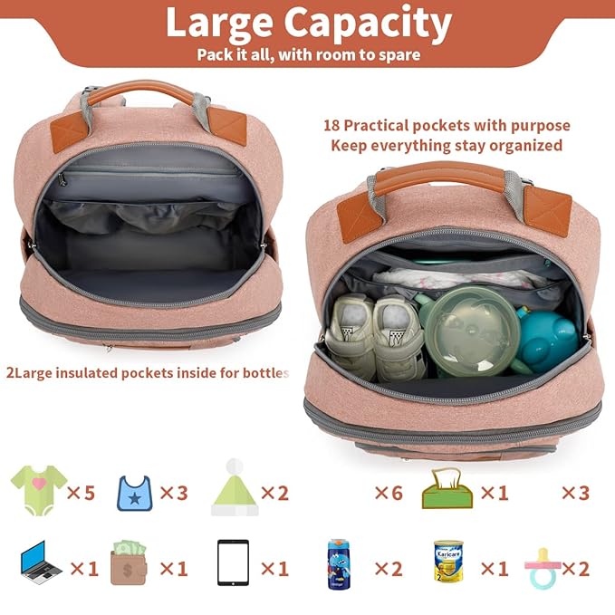 Diaper Bag Backpack, Large Baby Nappy Bags with Portable Changing Pad for Boys and GirlsMultifunction Travel Baby Bag for Moms Dads, Shower Gifts Waterproof and Stylish,Deep Powder