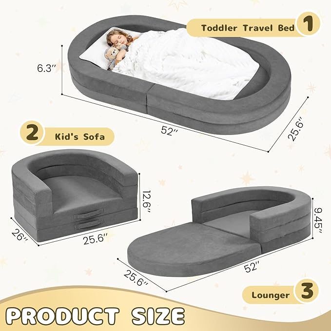 Travel Toddler Bed, 3-in-1 Portable Foldable Toddler Chair,Soft Foam Floor Bed Lounger with Washable Cover,Grey