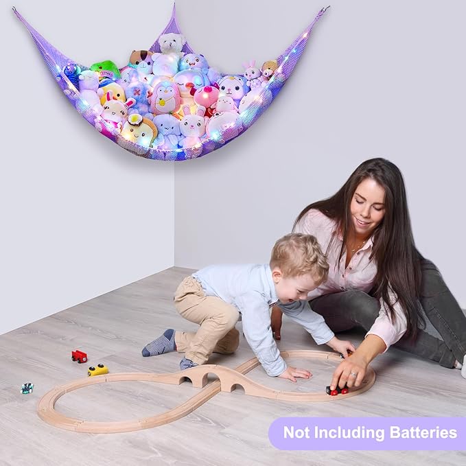 Unicorn Castle Stuffed Animals Net or Hammock Kids Toy Storage Organizer with LED Light Hanging Corner Stuffed Animals Holder Kids Girls Room Decor (Pack of 1)