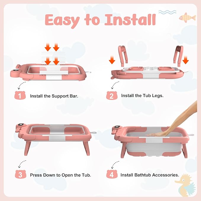 Collapsible Baby Bathtub for Newborn,Baby Tub with Soft Floating Cushion & Thermometer for Infant to Toddler,Portable Travel Bathtub with No-Slip Feet for 0-36 Months-Pink