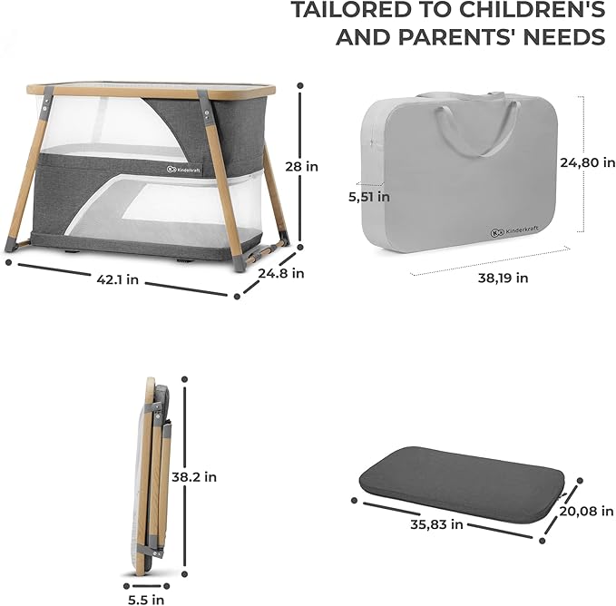 Kinderkraft Sofi Portable Travel Crib for Baby, Convertible Sleeping Cot 4 in 1 with Easy to Pack Playpen, Comfortable Bassinet Mattress and an Additional Cradle Function