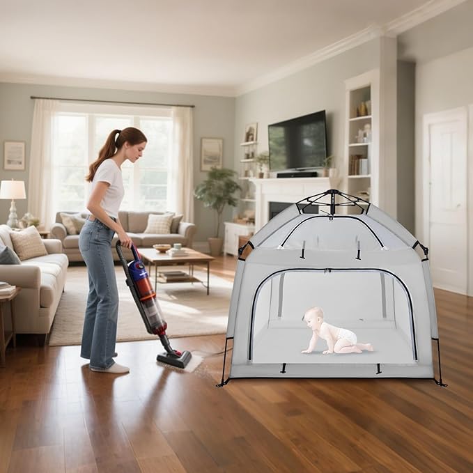 Portable Baby Playpen with Canopy, Infant Play Yard, Beach Tent, Mosquito Net for Indoor and Outdoor (Grey)