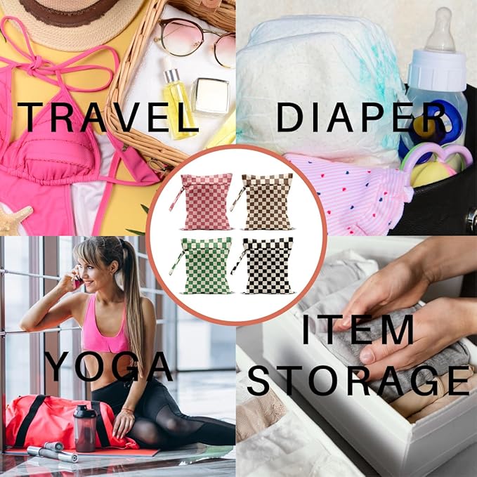 4 Pack Cute Wet Bag Waterproof Washable Reusable Wet Dry Bag for Swimsuit Dirty Clothes Diaper Travel Pool Yoga Gym Birthday Party Camping Toiletries Beach Essentials, Colorful Checkered