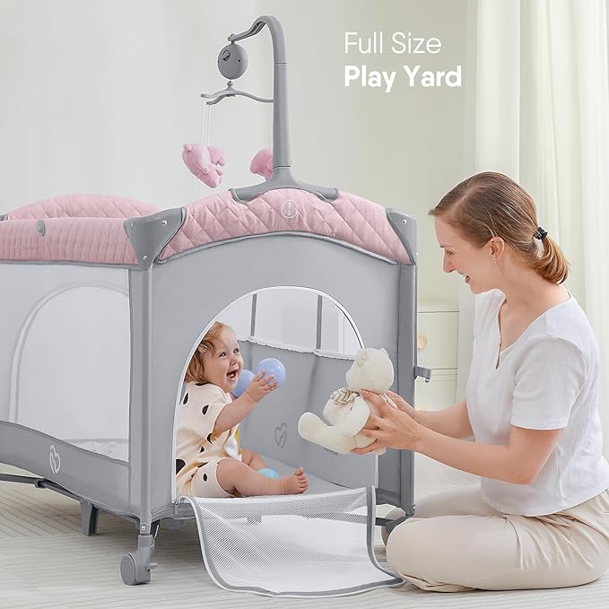 ADOVEL Baby Bassinet Bedside Crib, Pack and Play with Mattress, Diaper Changer and Playards from Newborn to Toddles, Pink