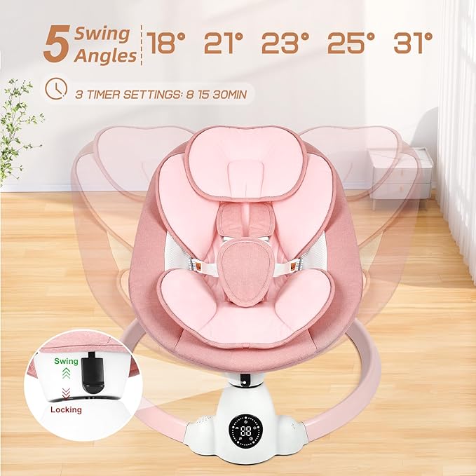 Baby Swing for Infants, Portable Electric Baby Swings with Bluetooth, 5 Swing Speed, 10 Lullabies, 5-Point Harness, Remote Control & Touch Panel - Infant Swing for Indoor & Outdoor Use, Pink