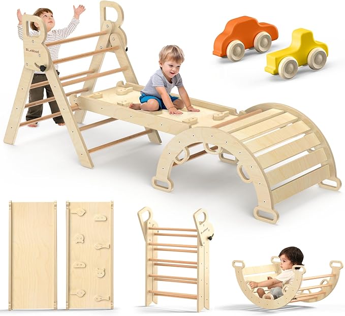 BlueWood Pikler Triangle Set 7-in-1 Foldable Baby Climbing Wooden Toys with Arch&Ramp&Ladder Climber Indoor Jungle Gyms for Toddlers - Natural Wood