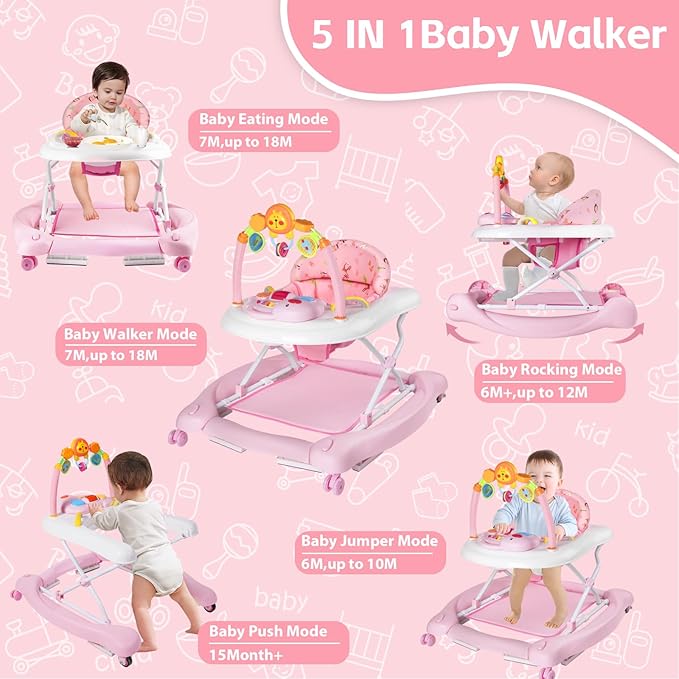 Baby Walker, 5 in 1 Baby Walkers for Boys Girls 6-12 Months, Foldable Walkers for Babies with Bouncer & Feeding Tray, Music, Adjustable Heights, Activity Walker for Infant